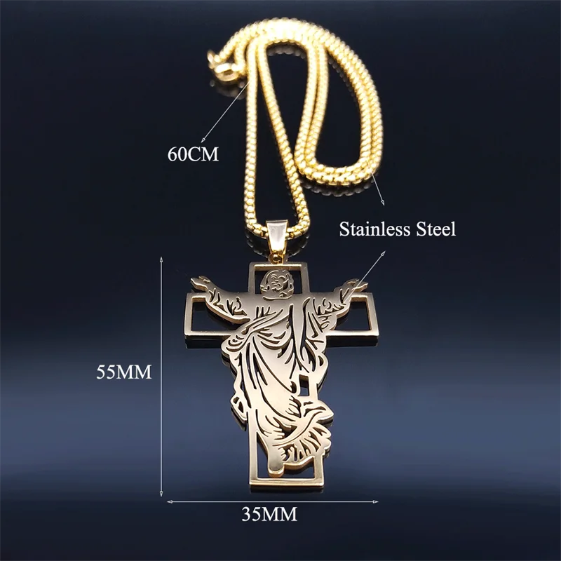 Jesus Cross Stainless Steel Pendant Necklace Gold Color for Women/Men