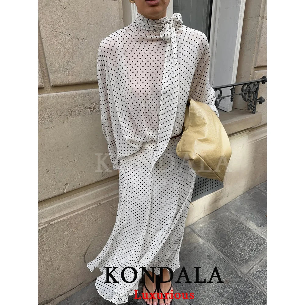 KONDALA Vintage Polka Dot Women Sets Chiffon Bow Tie Loose Blouses