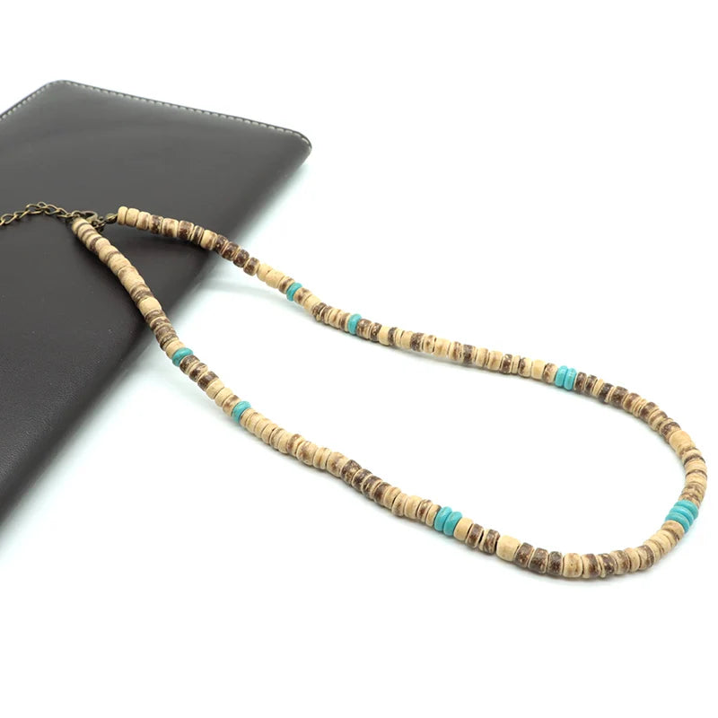 Noter Men Natural Coconut Beads Wooden Necklace 19 Inches Short Choker