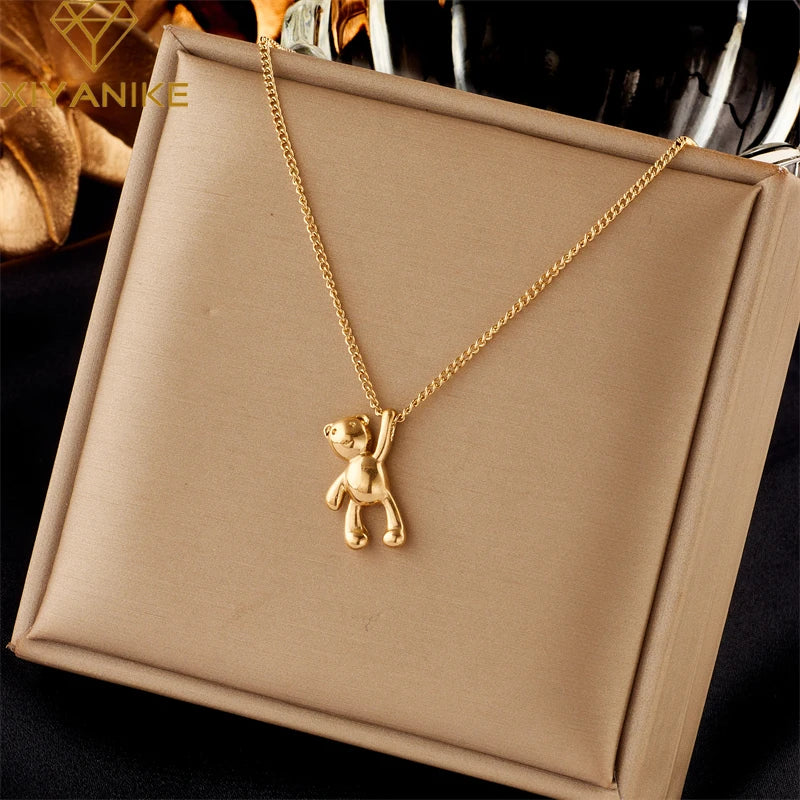 XIYANIKE 316L Stainless Steel Necklace Bear Pendant Chain Accessories