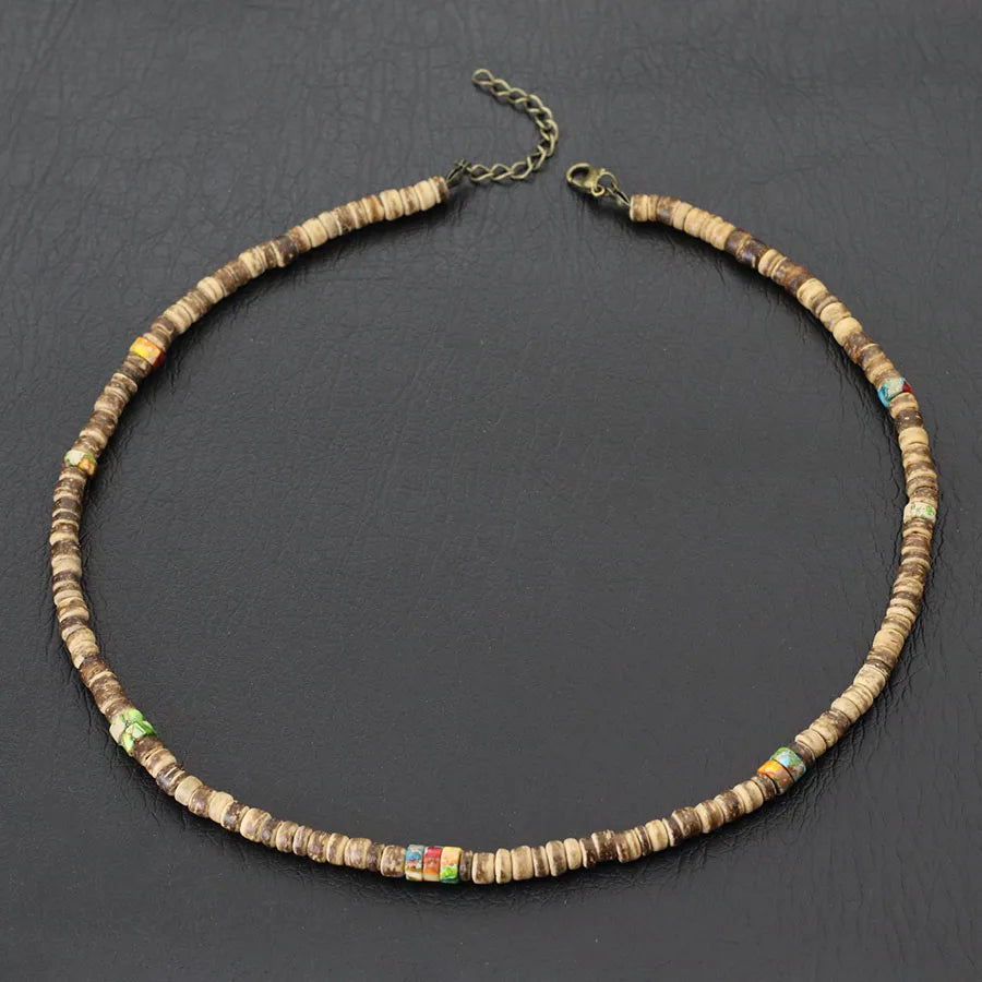Noter Men Natural Coconut Beads Wooden Necklace 19 Inches Short Choker