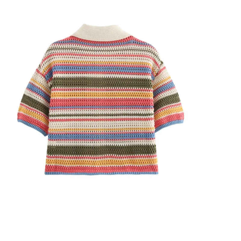 Women Patchwork Striped Hollow Out Crochet Knitted Crop Sweater Shorts