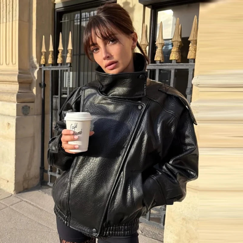 HXAO New Arrival Women's Bomber Jacket Leather Black Jackets Cropped