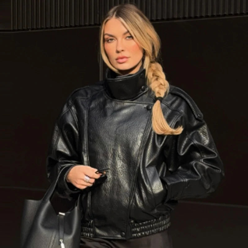 HXAO New Arrival Women's Bomber Jacket Leather Black Jackets Cropped