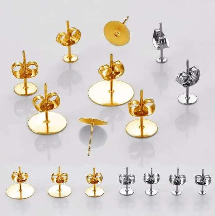 100pcs Gold Stainless Steel 3-8mm Flat Head Stud Earrings DIY Round