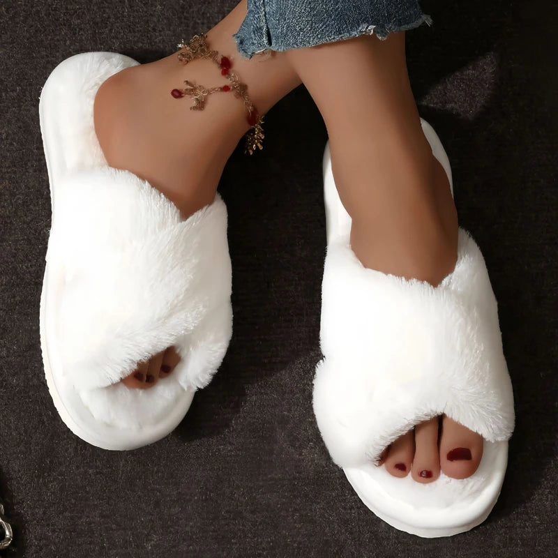 Cross Warm Fluffy Furry Slippers Women Lightweight Flat Heels Fur
