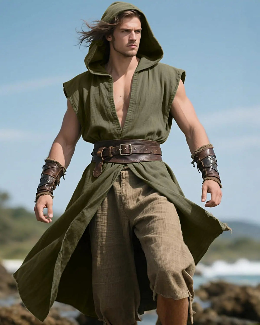 Men's Medieval Hooded Surcoat Renaissance Tabard Sleeveless Tunic