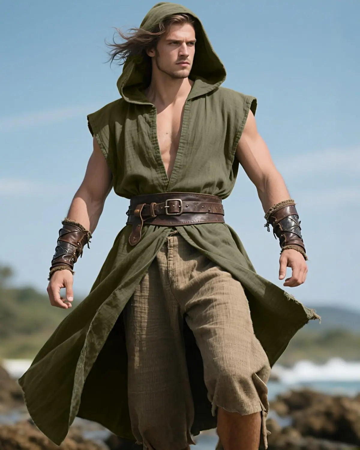 Men's Medieval Hooded Surcoat Renaissance Tabard Sleeveless Tunic