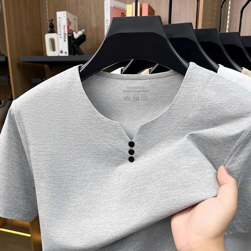 Mens Henley Neck T Shirts Short Sleeve Casual Soft Breathable