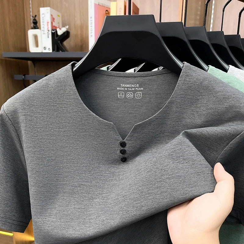 Mens Henley Neck T Shirts Short Sleeve Casual Soft Breathable