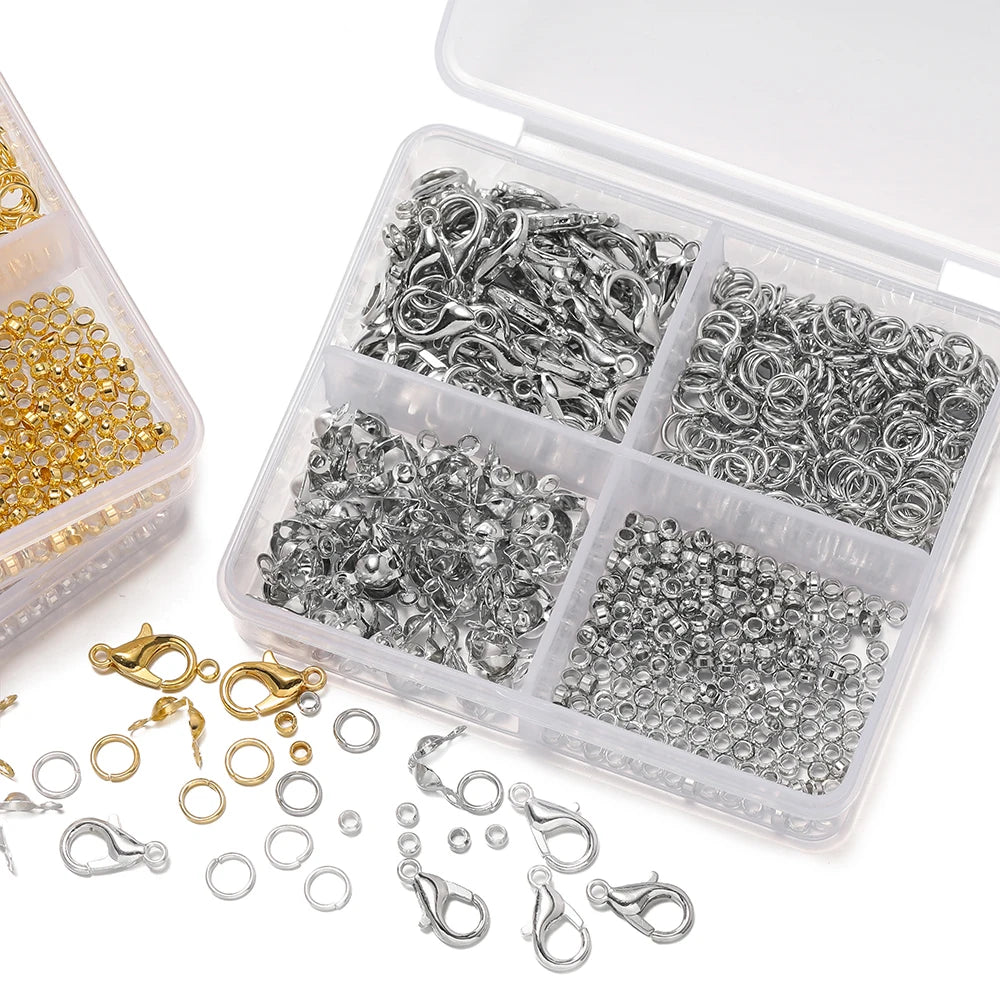 4Grids/Box Lobster Clasp Jump Rings Ball Chain Calotte End Crimps
