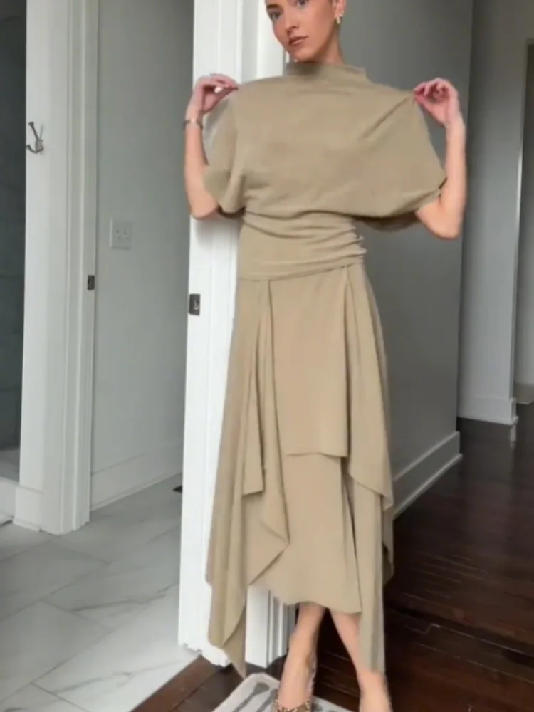Fashion Elegant Casual Top Skirt Sets High Neck Loose Crop Shirt