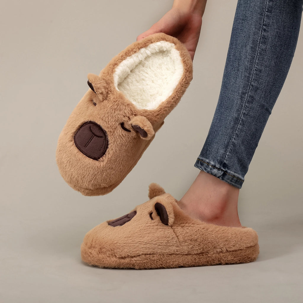 A Pair of Brown Plush Capybara Animal-Patterned Furry Home Slippers
