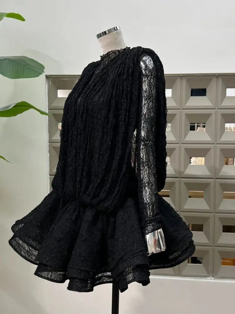 Chic Sheer Three Pieces Mini Dresses For Women Sexy O Neck Long Sleeve