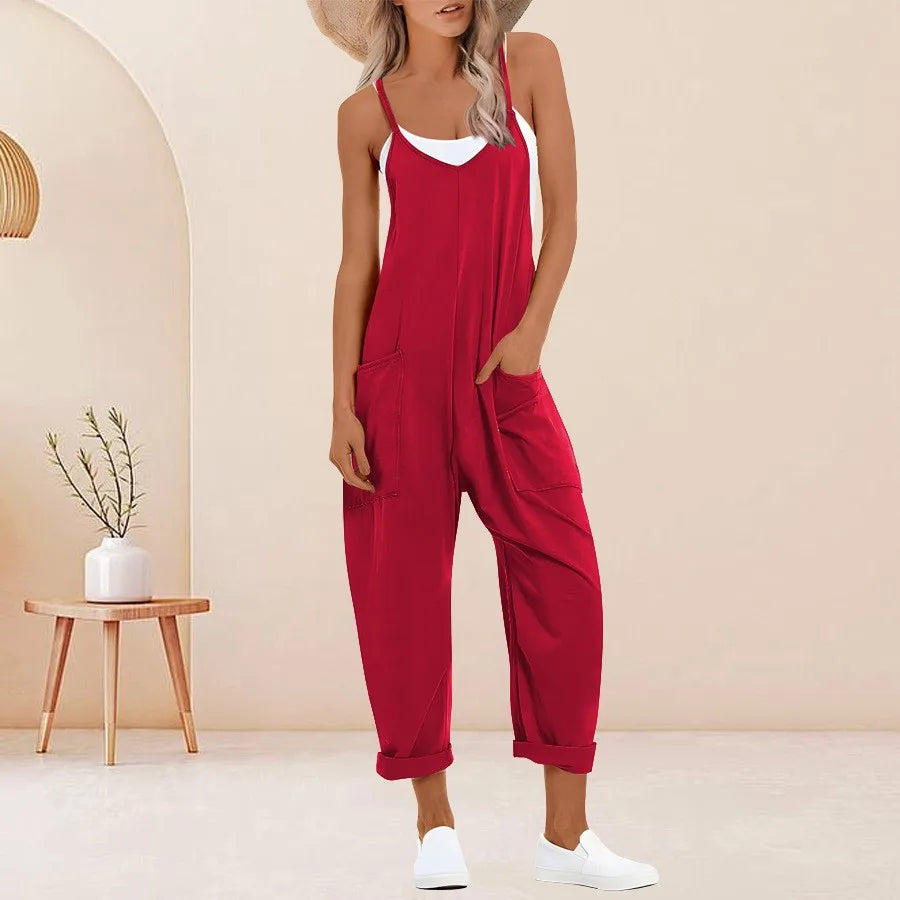 Plus Size Solid Sleeveless V Neck Jumpsuit with Slip Pockets, Casual
