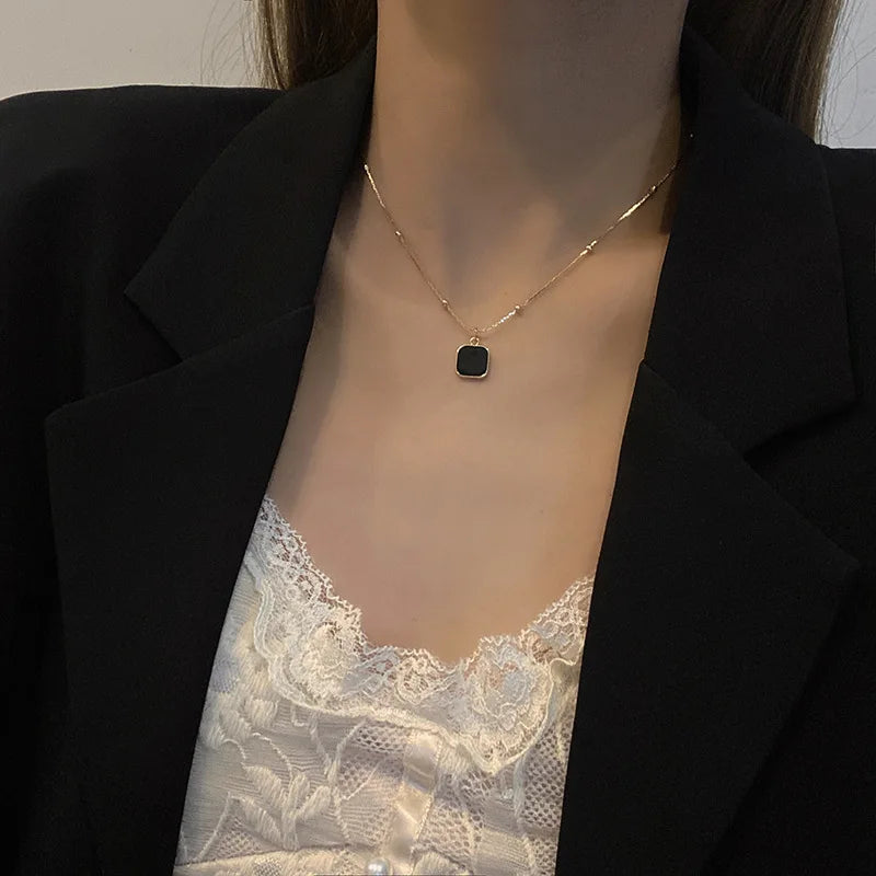 316L Stainless Steel Black Shell Square Pendant Necklace for Women New