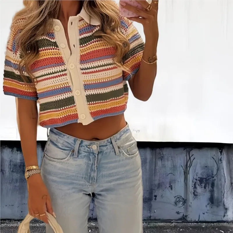 Women Patchwork Striped Hollow Out Crochet Knitted Crop Sweater Shorts