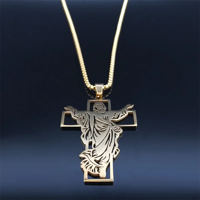 Jesus Cross Stainless Steel Pendant Necklace Gold Color for Women/Men