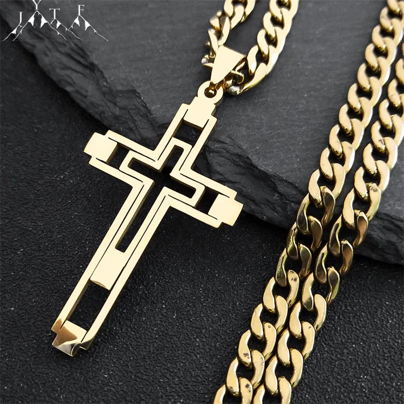 Hip Hop Cross Stainless Steel Chain Necklaces Gold Color Long Pendant