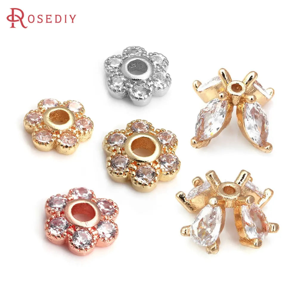 18K Gold Color Brass and Zircon Flower Beads Caps Jewelry Earrings