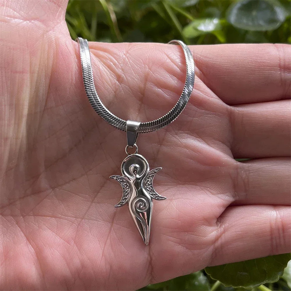 Witch Triple Moon Goddess Hecate Necklace for Women Men Stainless