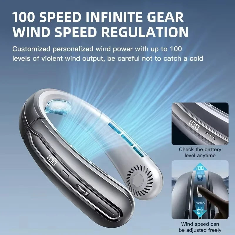 8000mAh Hanging Neck Fan Portable Bladeless USB Rechargeable Mute LED