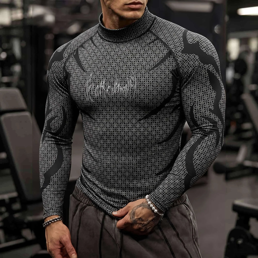 Men Mock Neck Fitness Long Sleeve Top Geometric Texture Jagged Gothic