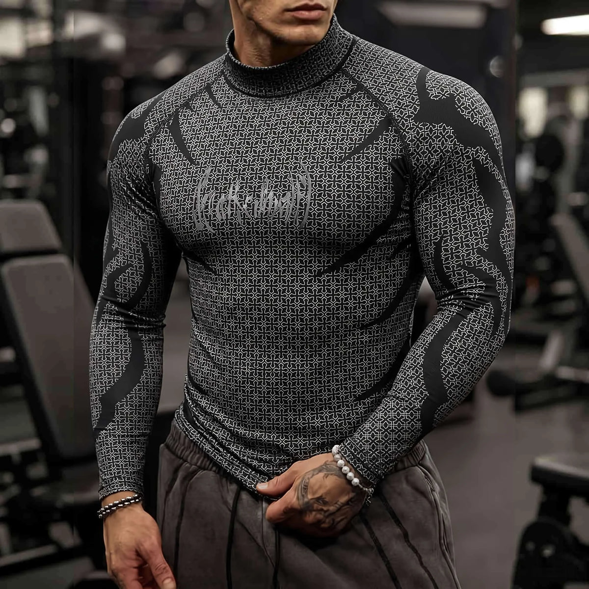 Men Mock Neck Fitness Long Sleeve Top Geometric Texture Jagged Gothic