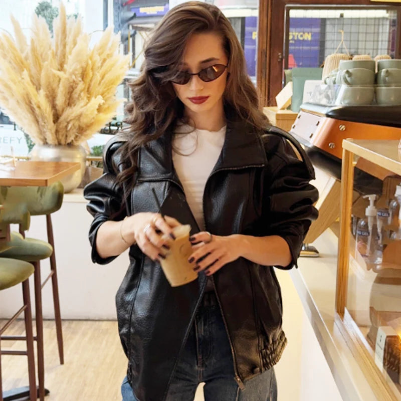 HXAO New Arrival Women's Bomber Jacket Leather Black Jackets Cropped
