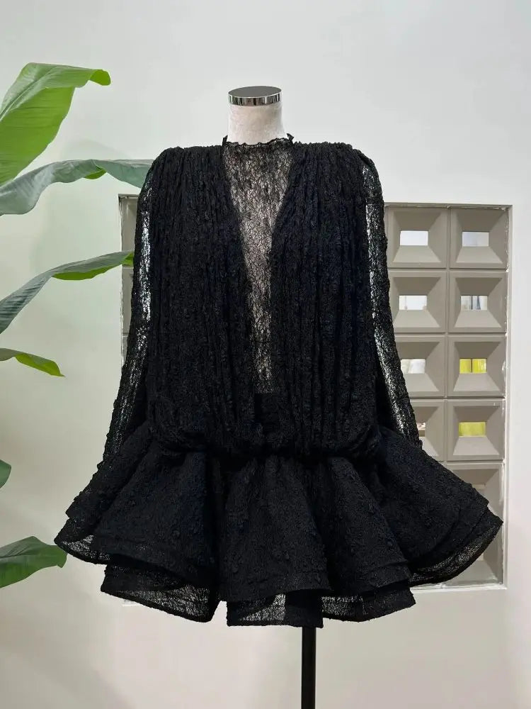 Chic Sheer Three Pieces Mini Dresses For Women Sexy O Neck Long Sleeve