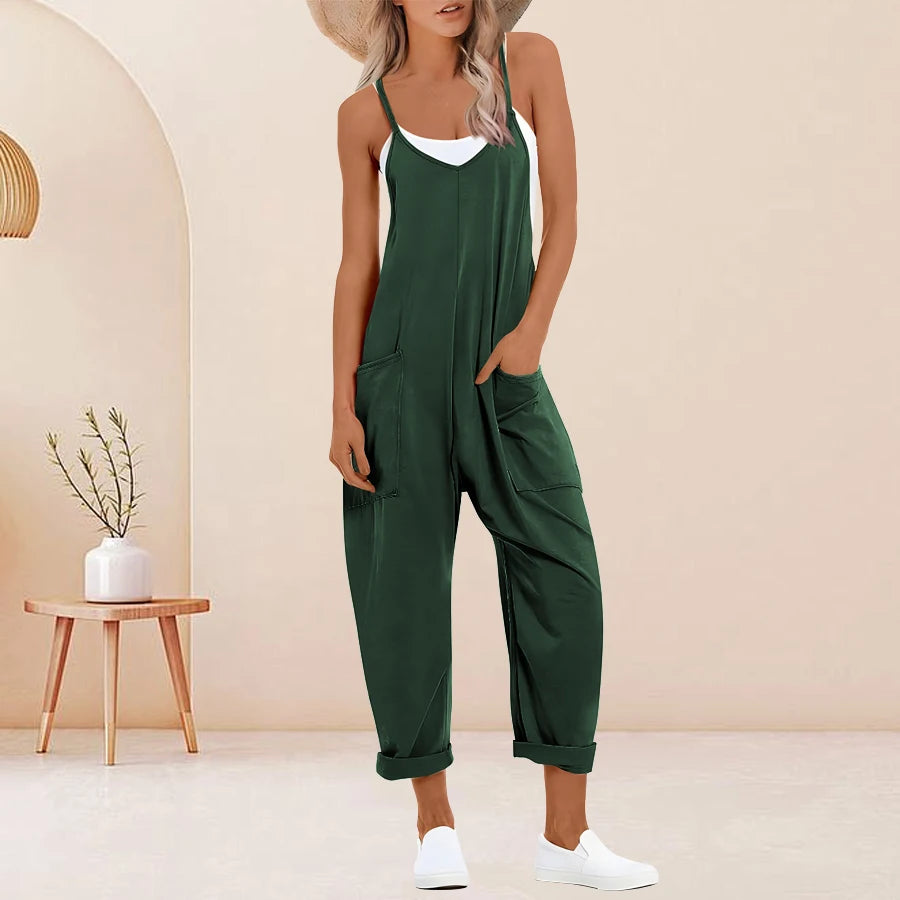 Plus Size Solid Sleeveless V Neck Jumpsuit with Slip Pockets, Casual