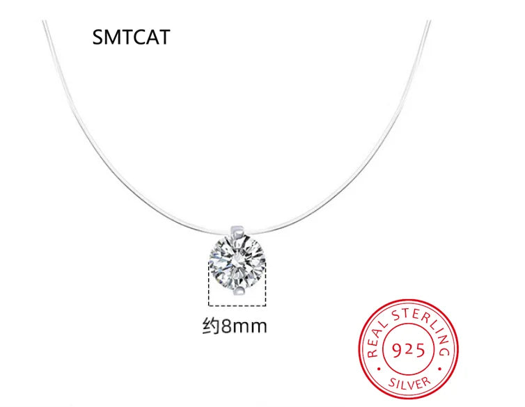925 Silver Invisible Chain Pendant Necklace Rhinestone Choker de Prata
