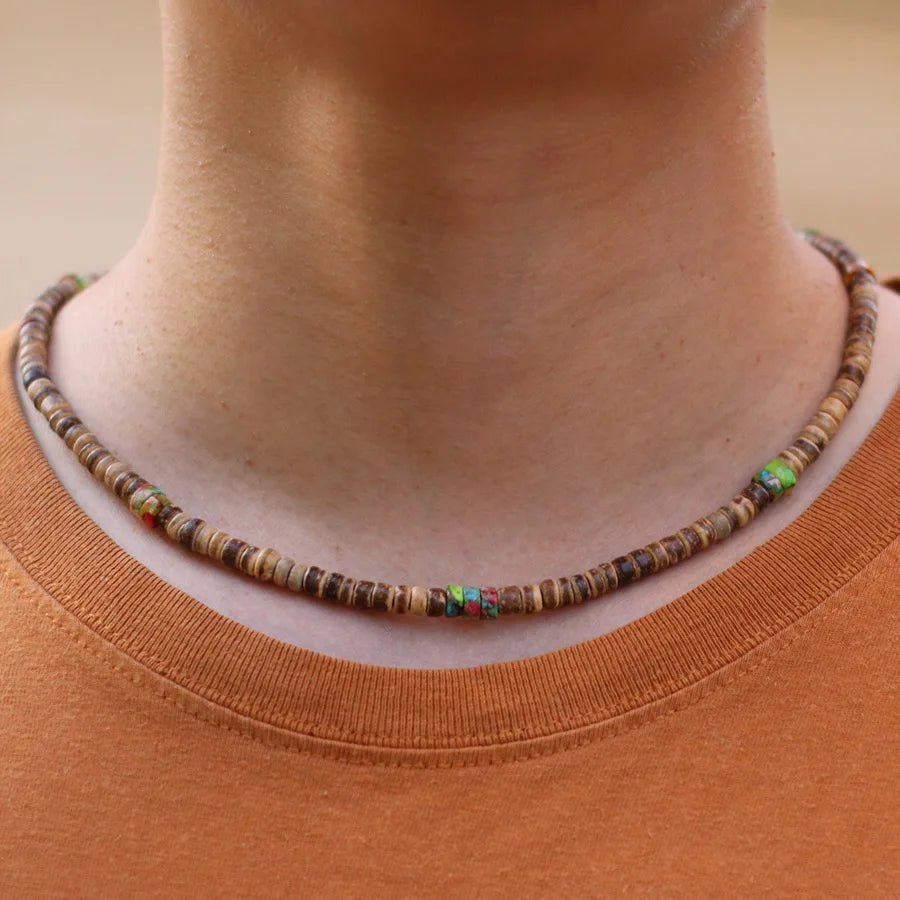 Noter Men Natural Coconut Beads Wooden Necklace 19 Inches Short Choker