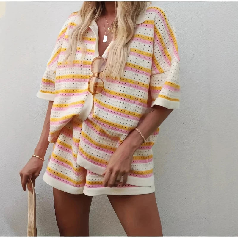 2025 Summer Women'S Hollow Striped Knitted 2 Pieces Set Short Sleeve