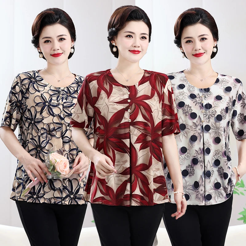 Floral Printed Summer Tops for Mature Women Beige-Toned Linen-Cotton