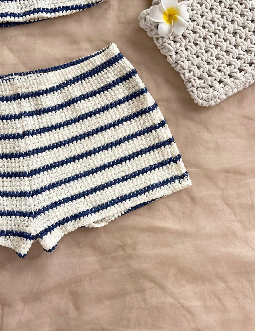 Summer Textured Knit Halter Top Shorts Two Piece Outfit, Classic