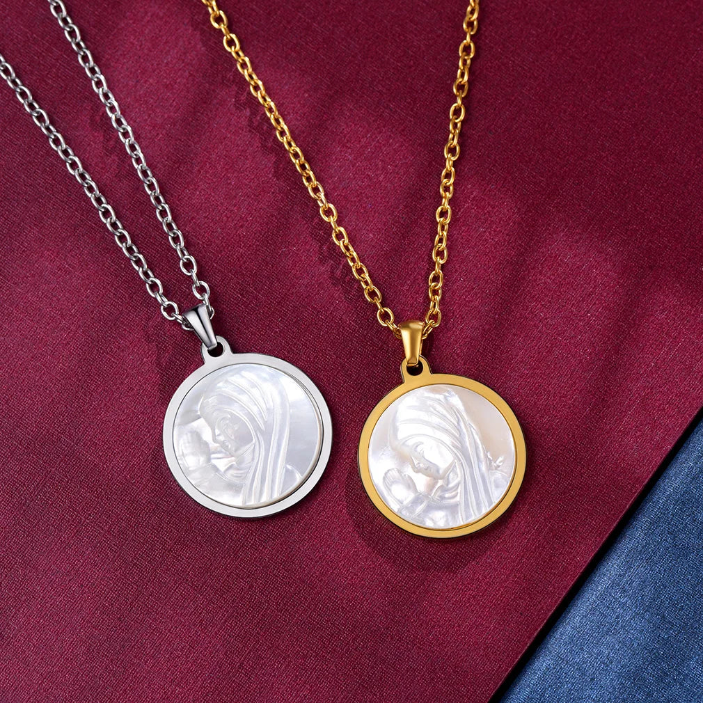 U7 Holy Virgin Mary Pendant Necklaces for Woman Man Round Shell