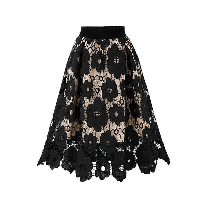 Summer Boho Lace Skirts Women Vintage Mesh Hollow Out Plus Size Skirt