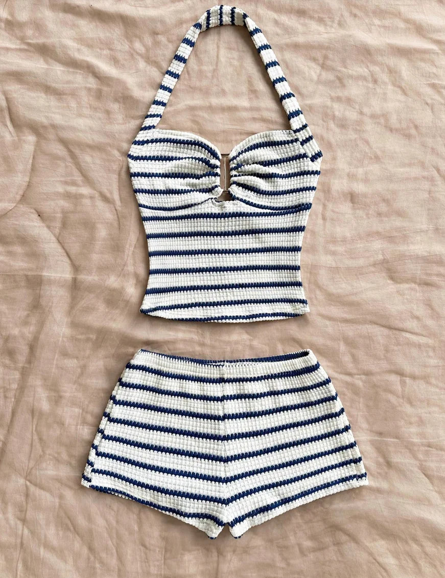 Summer Textured Knit Halter Top Shorts Two Piece Outfit, Classic