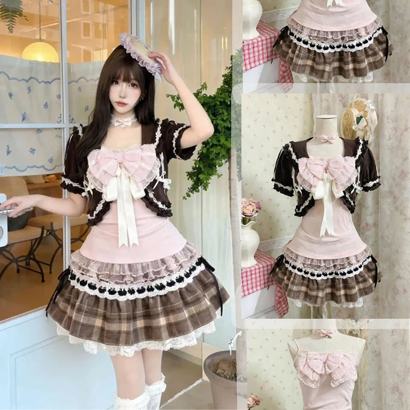 Japanese Kwaii Skirt Suit Women Casual Bow Top + Brown Lace Cardigan +