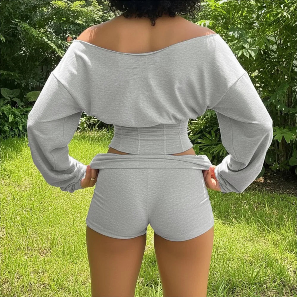 Woman 2 Piece Set Outfit Casual Long Sleeves Top Shorts Sexy