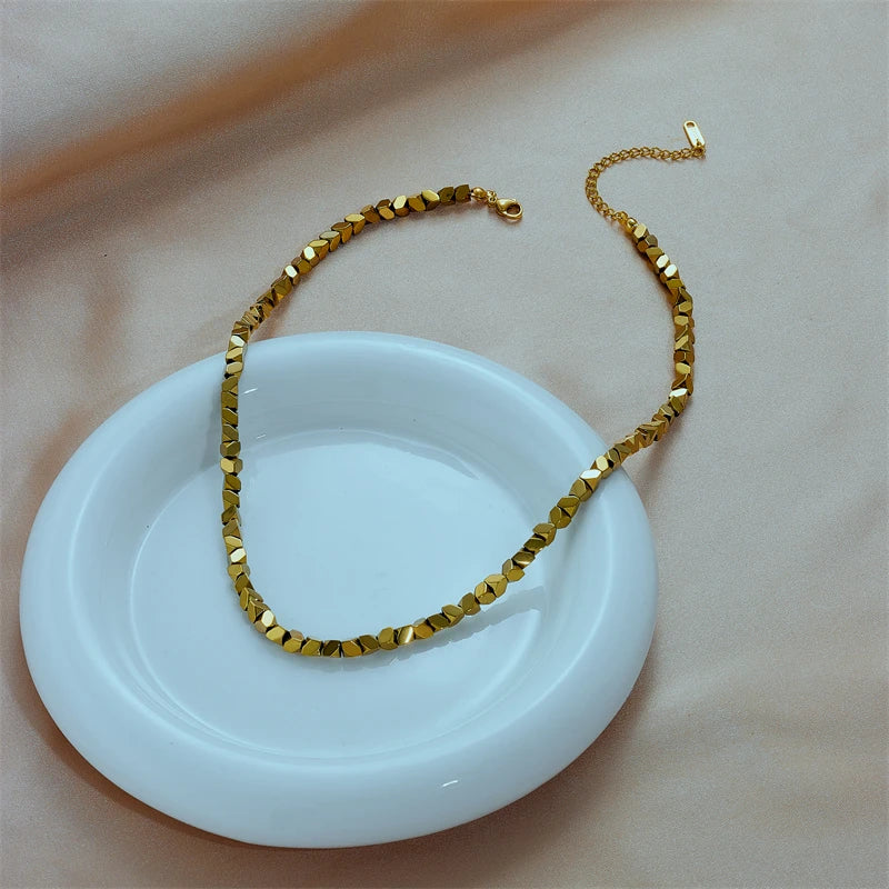DIEYURO 316L Stainless Steel Gold Color Geometric Overlay Necklace For