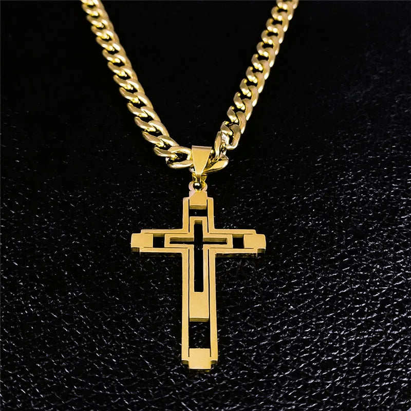 2026 Hip Hop Cross Stainless Steel Chain Necklaces Gold Color Long
