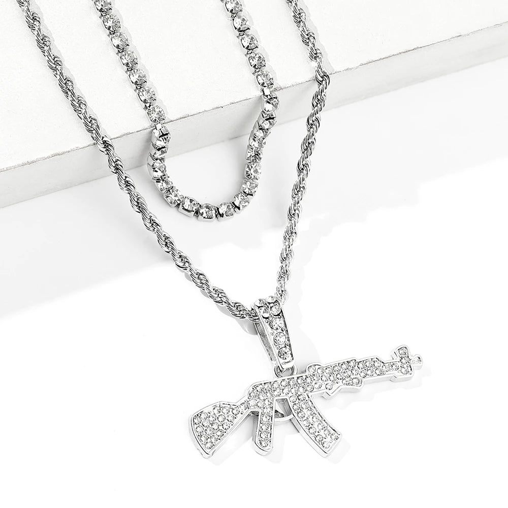 Fashion Punk Hip-Hop Submachine Gun Pendant Necklace Silver Gold Tone