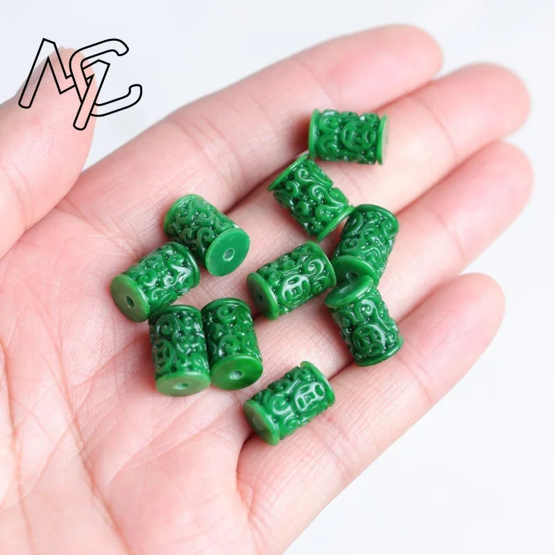 3pc Natural A Green Jade Dry Cyan Carving Beads DIY Bracelet Bangle