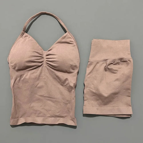 HISTELLO 2 Pieces Sports Set Women Yoga Longline Strap Top Scrunch