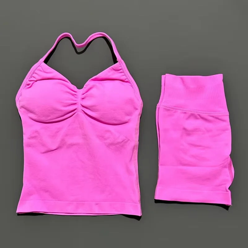 HISTELLO 2 Pieces Sports Set Women Yoga Longline Strap Top Scrunch