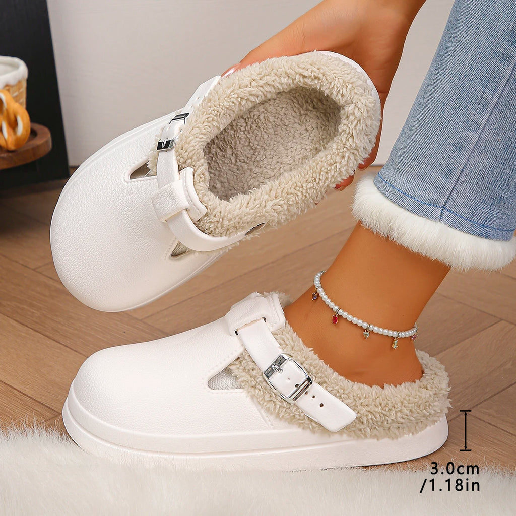 Waterproof Eva Furry Mules Slippers Women 2025 Winter Metal Buckle