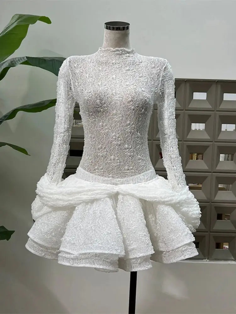 Chic Sheer Three Pieces Mini Dresses For Women Sexy O Neck Long Sleeve