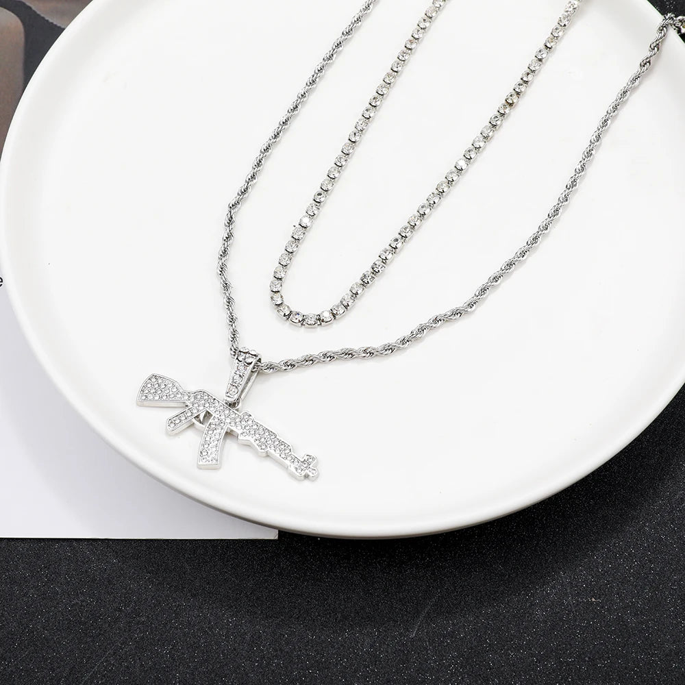 Fashion Punk Hip-Hop Submachine Gun Pendant Necklace Silver Gold Tone